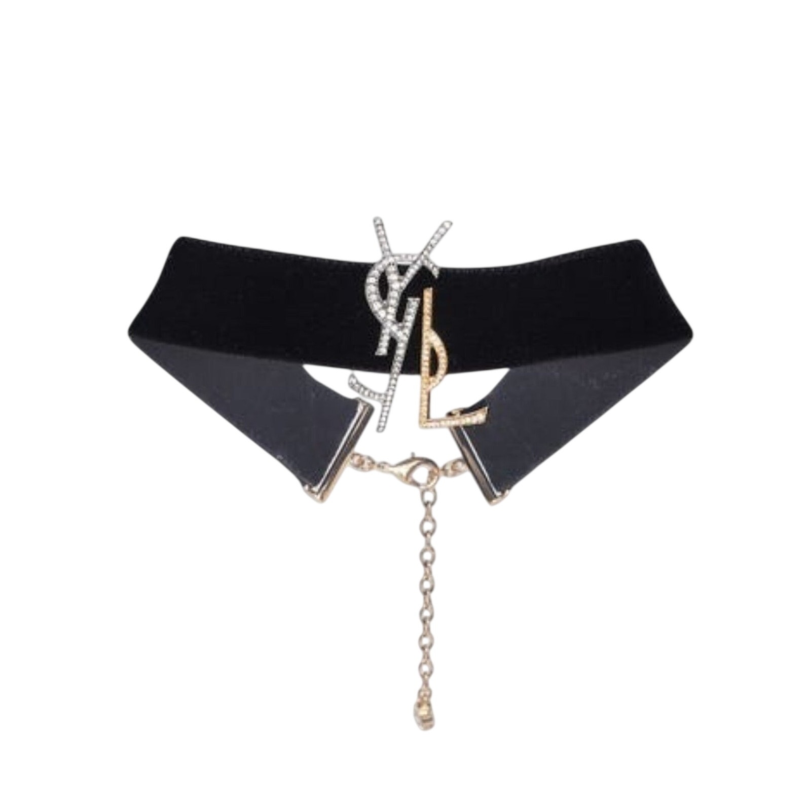 Yves Saint Laurent Black Velvet Crystal Ysl Metal Logo Choker Necklace